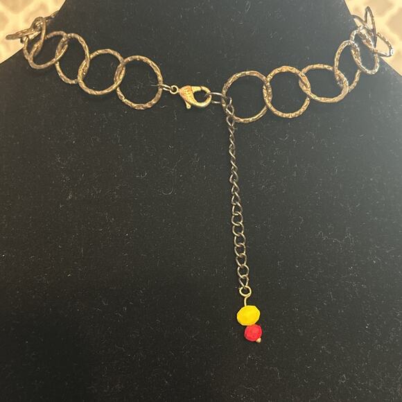 OOAK Bronze Tone Frida Kahlo Portrait Pendant Necklace Yellow Red Choker New - Picture 4 of 4